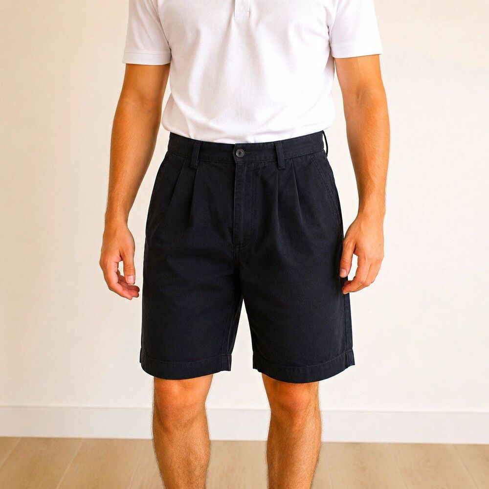 Dockers Navy Solid Chino Shorts Pleated Front Twill Cotton Slash Pockets 32